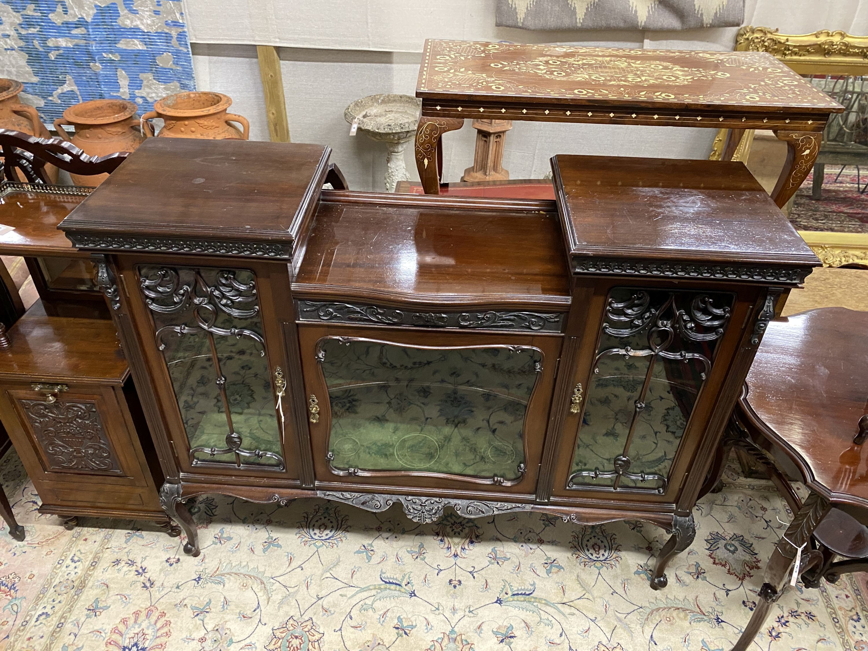 A late Victorian glazed mahogany side cabinet, width 136cm, depth 40cm, height 109cm